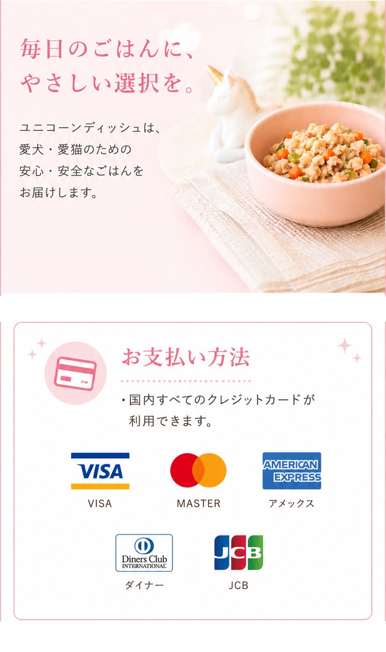 毎日のごはんに、やさしい選択を。お支払い方法 VISA・MASTER・アメックス・ダイナー・JCB利用可能